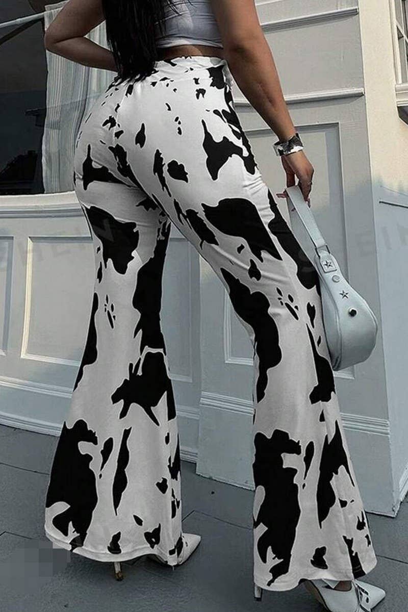 CWBLP1734_COW PRINT HIGH WAIST FLARED CASUAL TROUSERS