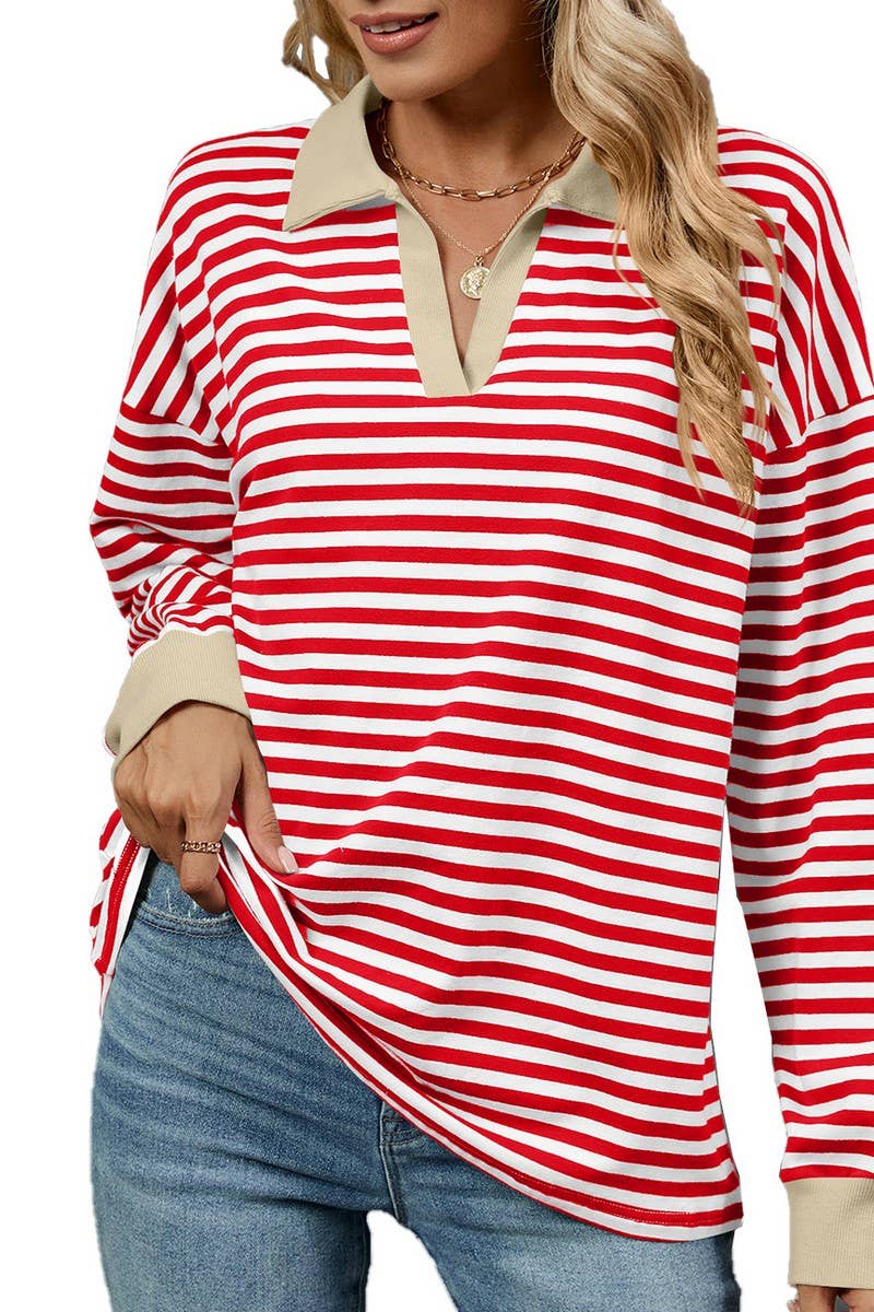 CWTBLL2361_CONTRAST COLOR LAPEL LOOSE STRIPED SWEATSHIRT