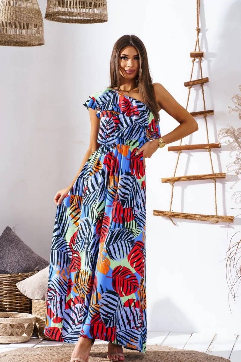 CWDMD4117_OFF-SHOULDER WAIST PRINTED LONG DRESS