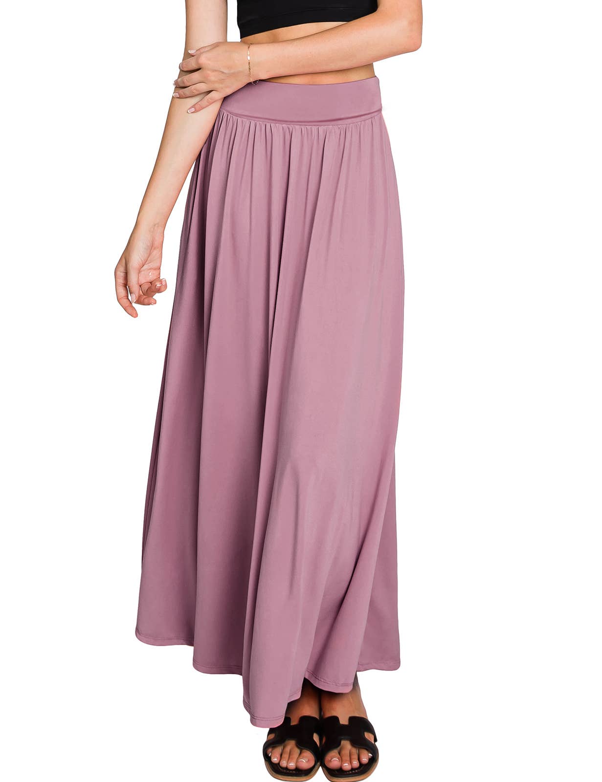 AWBLS089_High Waist Elastic Closure Gather Maxi Skirt