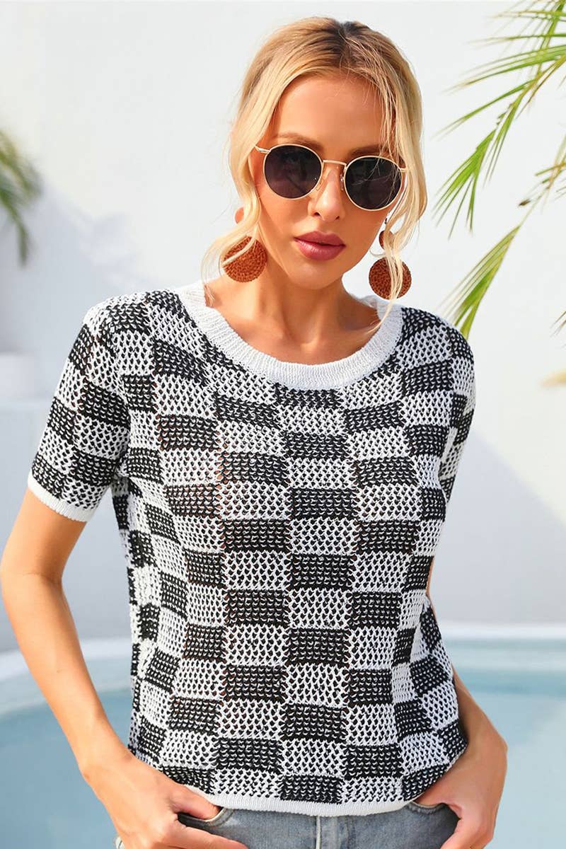 CWTBLS1750_SUMMER PLAID HOLIDAY CASUAL CREW NECK SHIRT