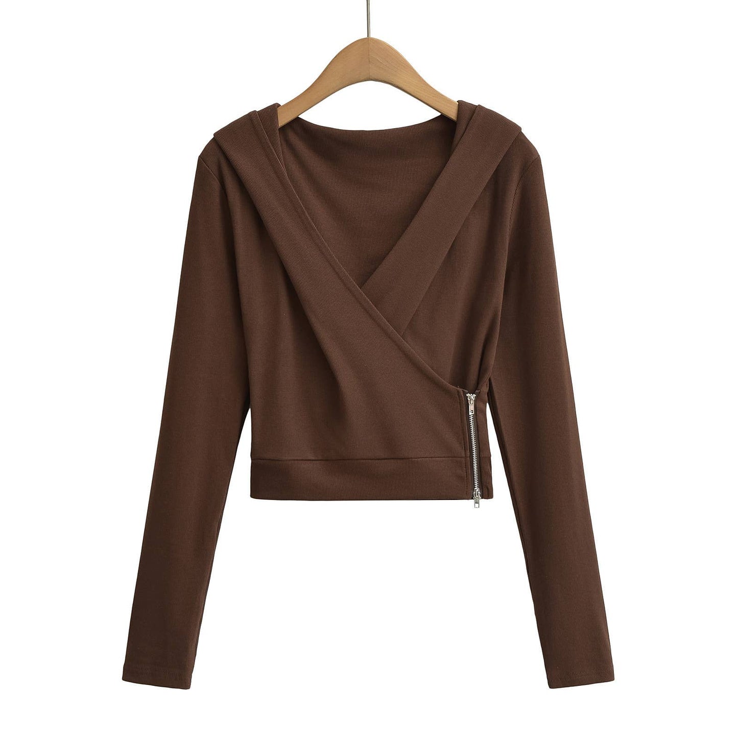 Design cross-V-neck zipper hooded sweatshirt