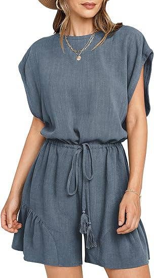 COTTON LINEN CASUAL BELTED SHORT SLEEVE ROMPER
