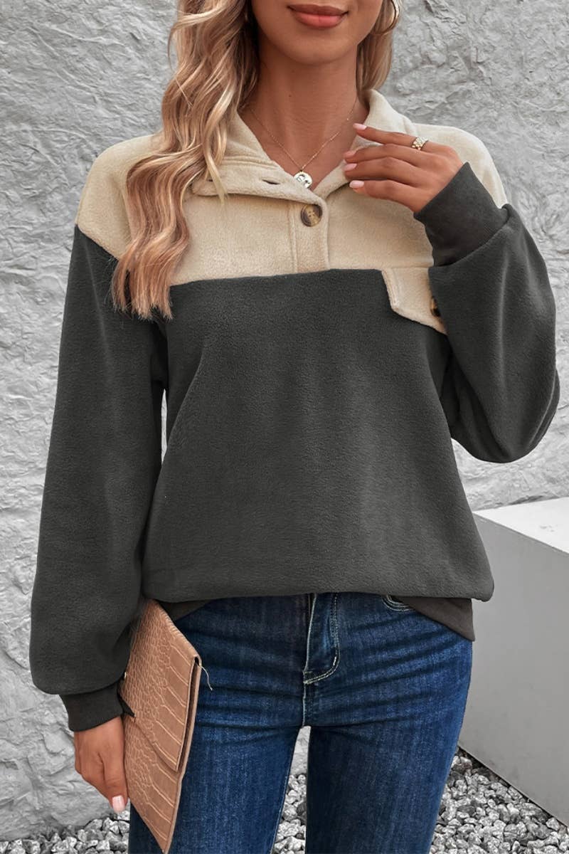 CWOHOL1003_COLOR CONTRAST HIGH NECK BUTTON FLEECE HOODIE