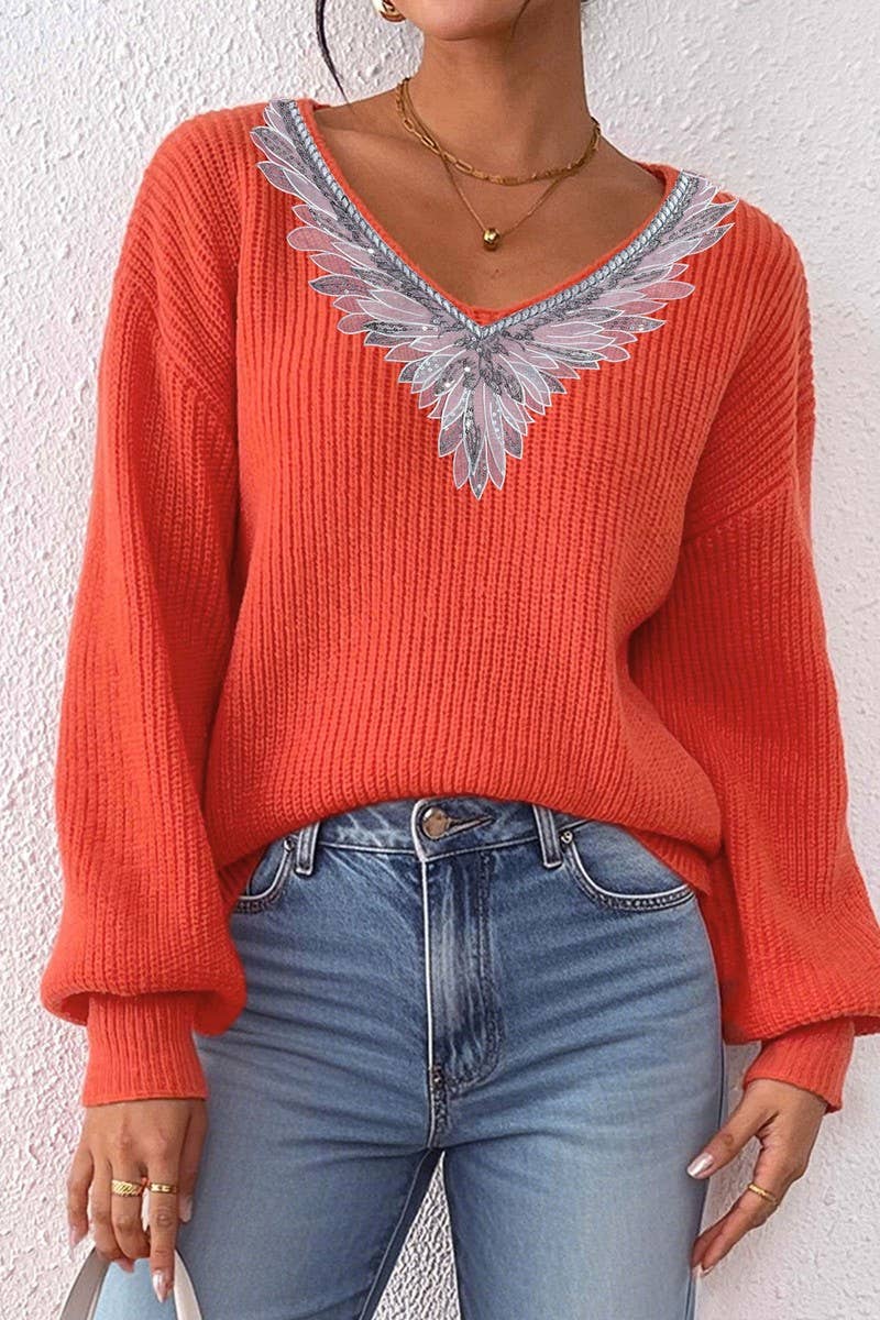 CWOSWL07330_WOMEN SEQUIN LACE V NECK LOOSE KNIT SWEATER