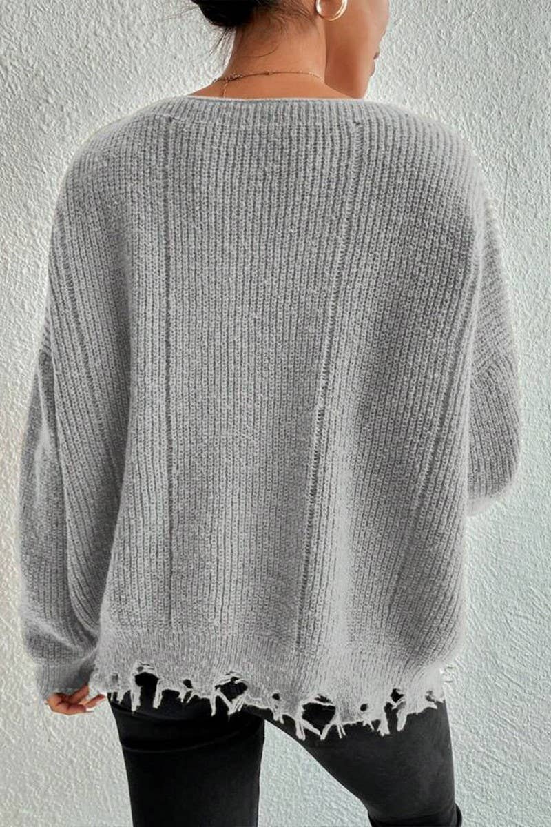 CWOSWL07632_LOOSE-FITTING DISTRESSED RAW-EDGE KNIT TOP