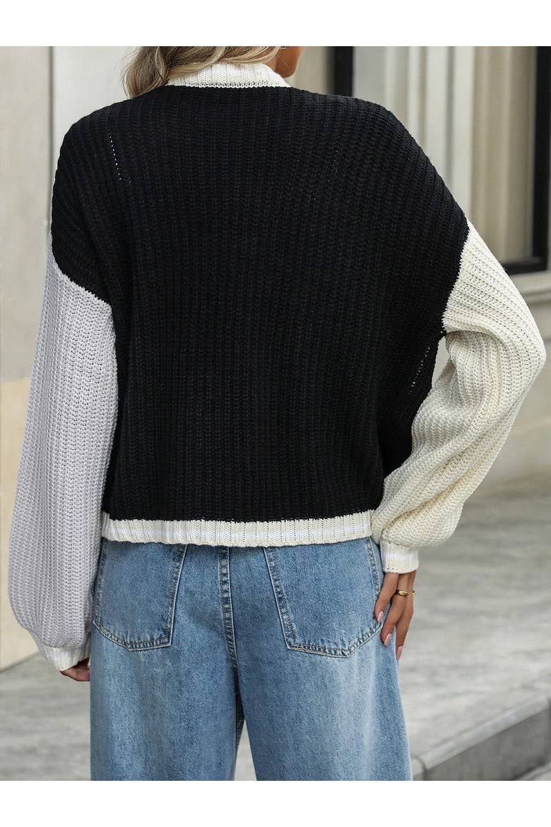 CWOSWL2462_Color Matching Long Sleeved Knit Sweater Cardigan