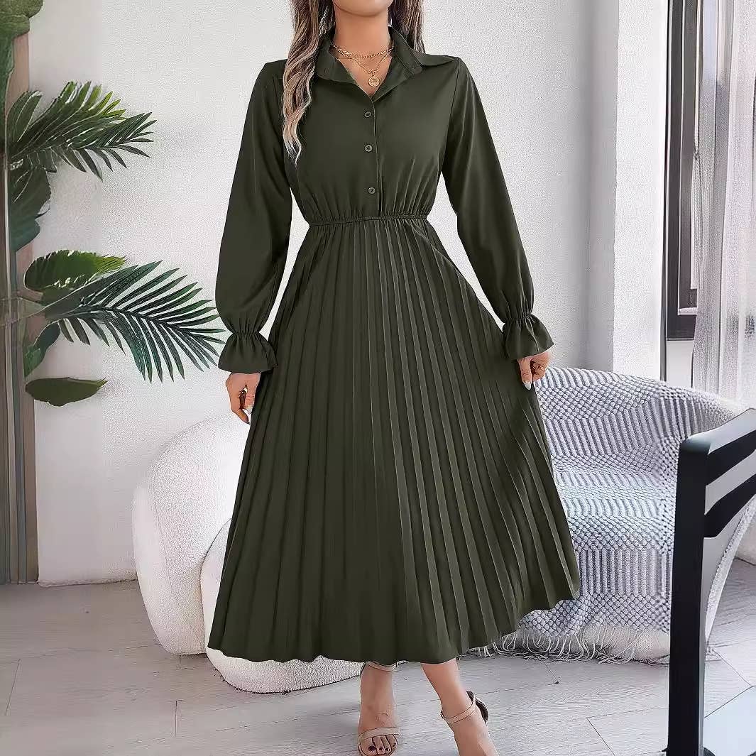 CASUAL LAPEL BUTTON WAIST PLEATED LONG DRESS