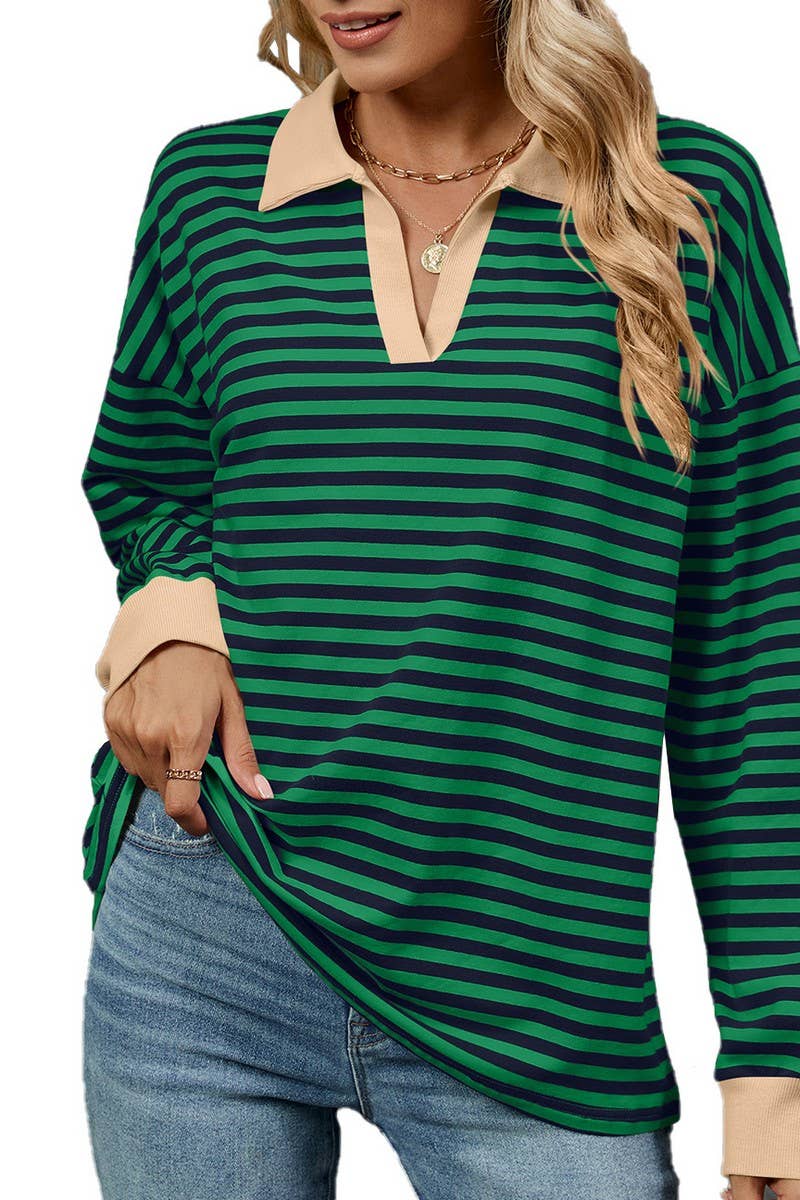 CWTBLL2361_CONTRAST COLOR LAPEL LOOSE STRIPED SWEATSHIRT