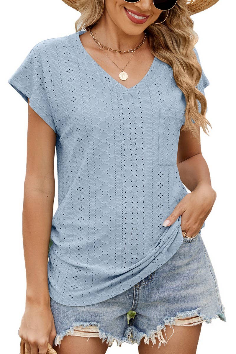 CWTBLS2283_V-NECK RUCHED SIDE POCKET SHORT SLEEVE TEE