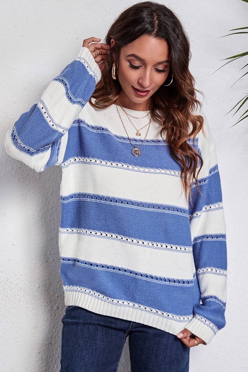 CWOSWL6409_OFF-THE-SHOULDER STRIPED LONG-SLEEVED SWEATER