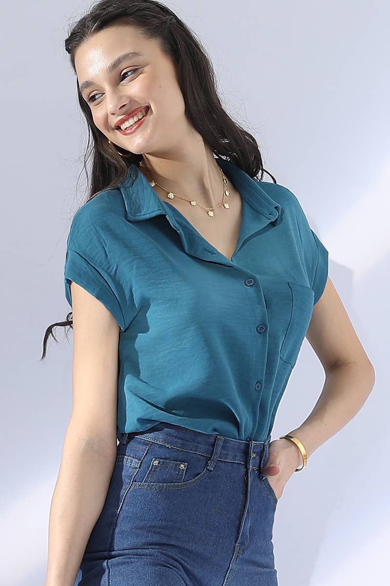 CWTBLS200_SINGLE BREASTED ROLLED SHORT SLEEVE BLOUSE SHIRT