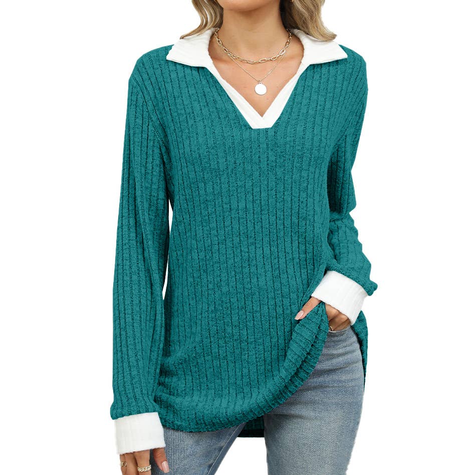 COLOR CONTRAST LAPEL LONG SLEEVE LOOSE T-SHIRT