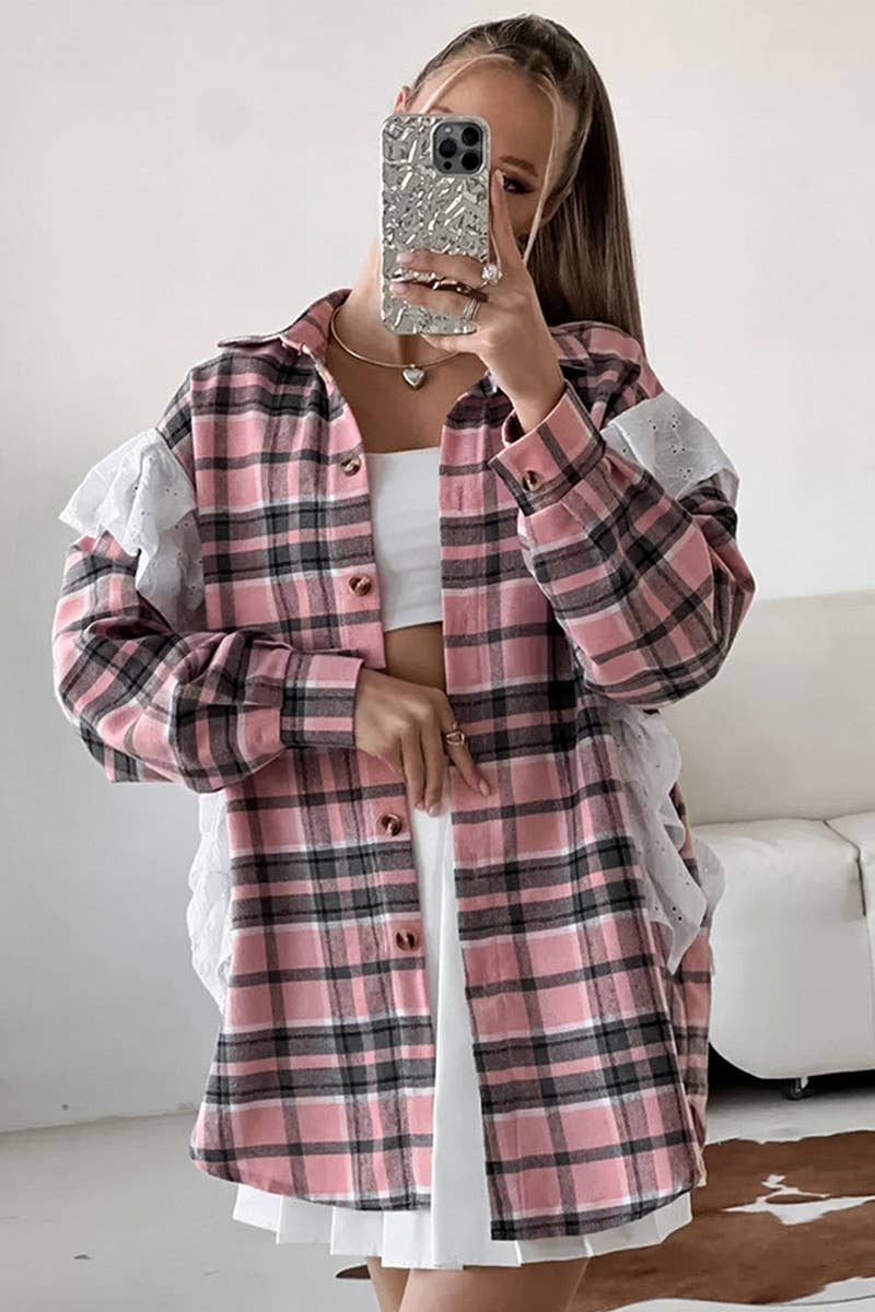 CWTBLL00624_PLAID LOOSE RUFFLED PLAID LONG-SLEEVED SHIRT