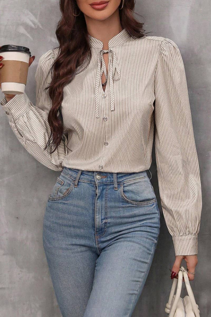 CWTSTL2886_STRIPED V-NECK TIE FRONT BUTTON LONG SLEEVE SHIRT