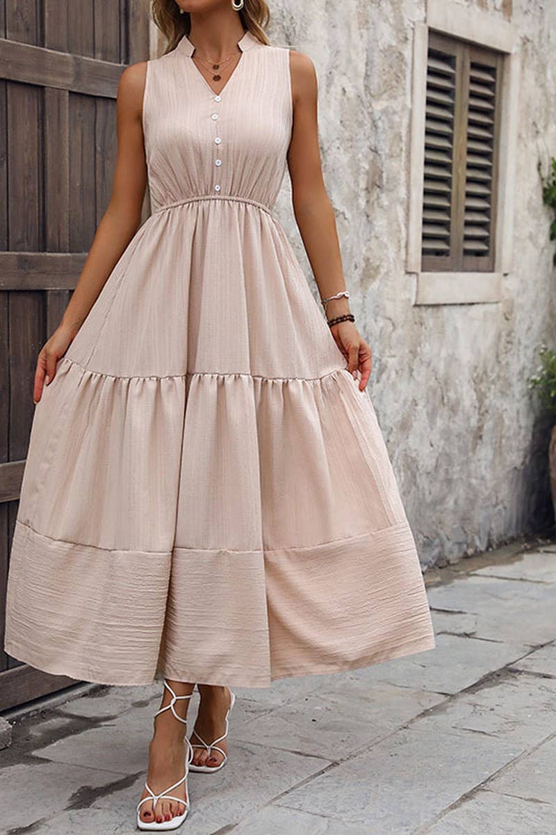 CWDMD1265_V-Neck Sleeveless Detailed Tiered Dress