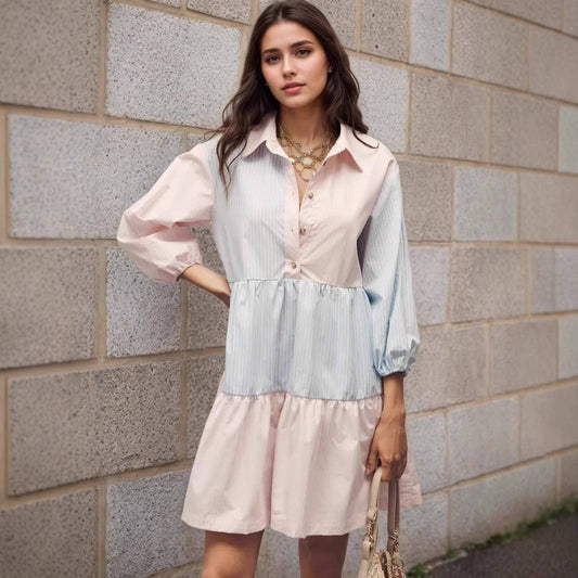 Color-blocking striped lapel lantern sleeve dress