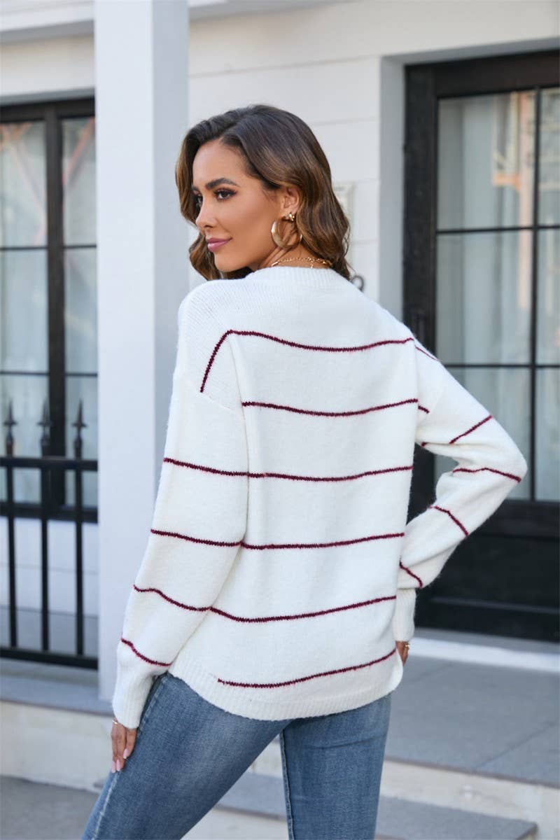 CWOSWL1684_Crew Neck Long Sleeve Striped Pullover Sweater