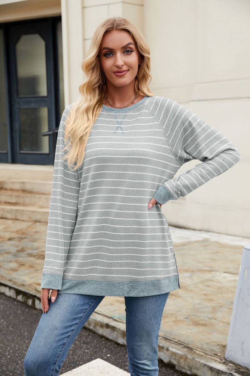 CWTBLL3663_STRIPED PATCHWORK ROUND NECK LONG SLEEVED T-SHIRT