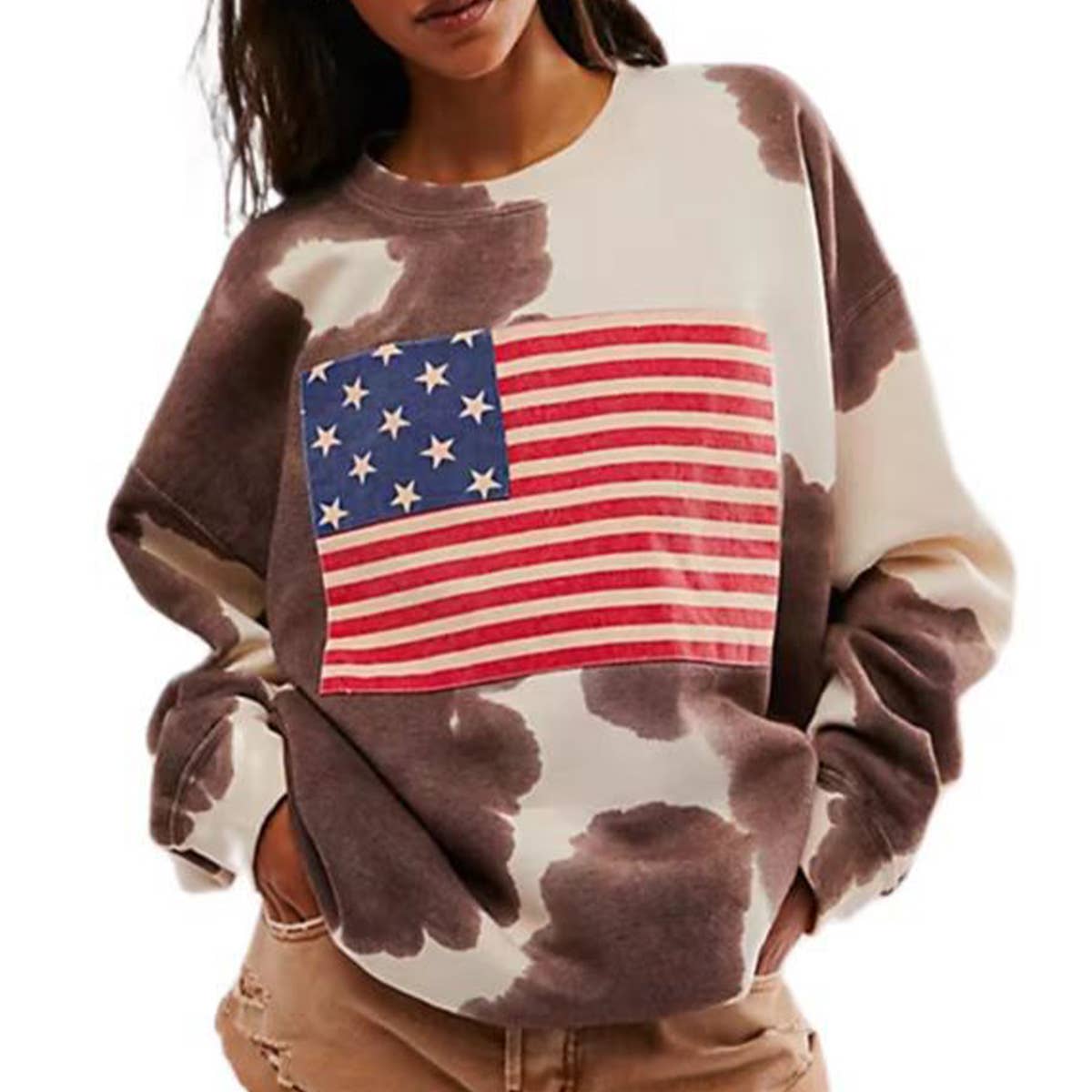 COMFORTABLE CREW-NECK FLAG PRINT HOODIE