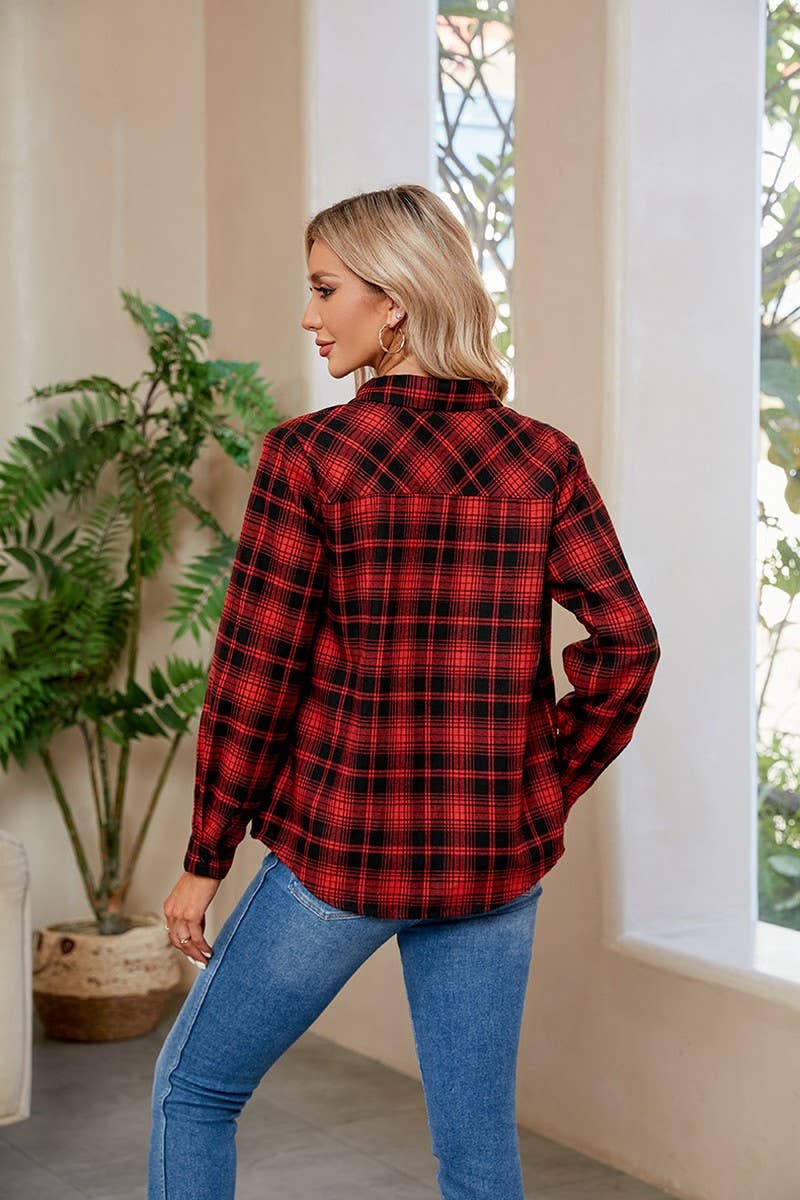 CWTBLL3628_NEW WOMEN'S SUEDE BUTTON-DOWN PLAID SHIRT