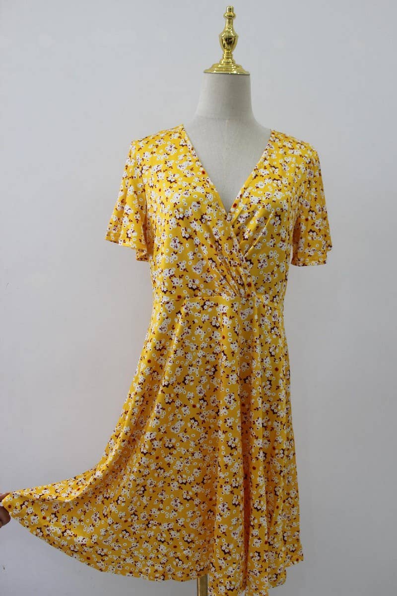 CWDSD10623_SUMMER FLORAL SHORT SLEEVE V-NECK A-LINE DRESS