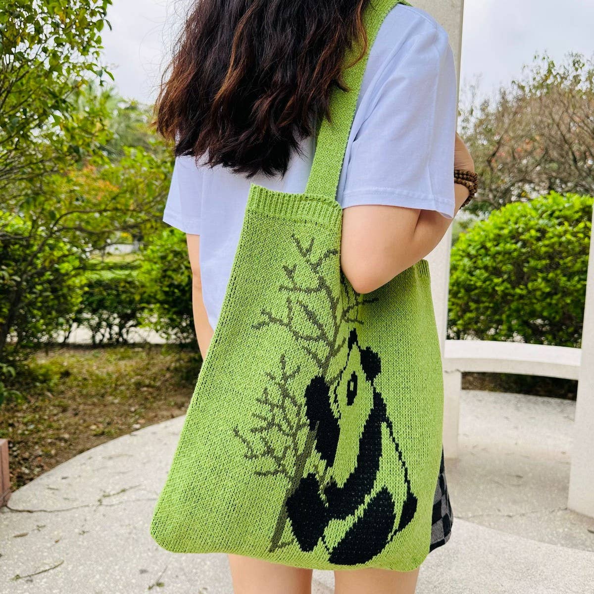 CWAB4581_PANDA PATTERN KNITTED HOLLOW WOVEN SHOULDER BAG