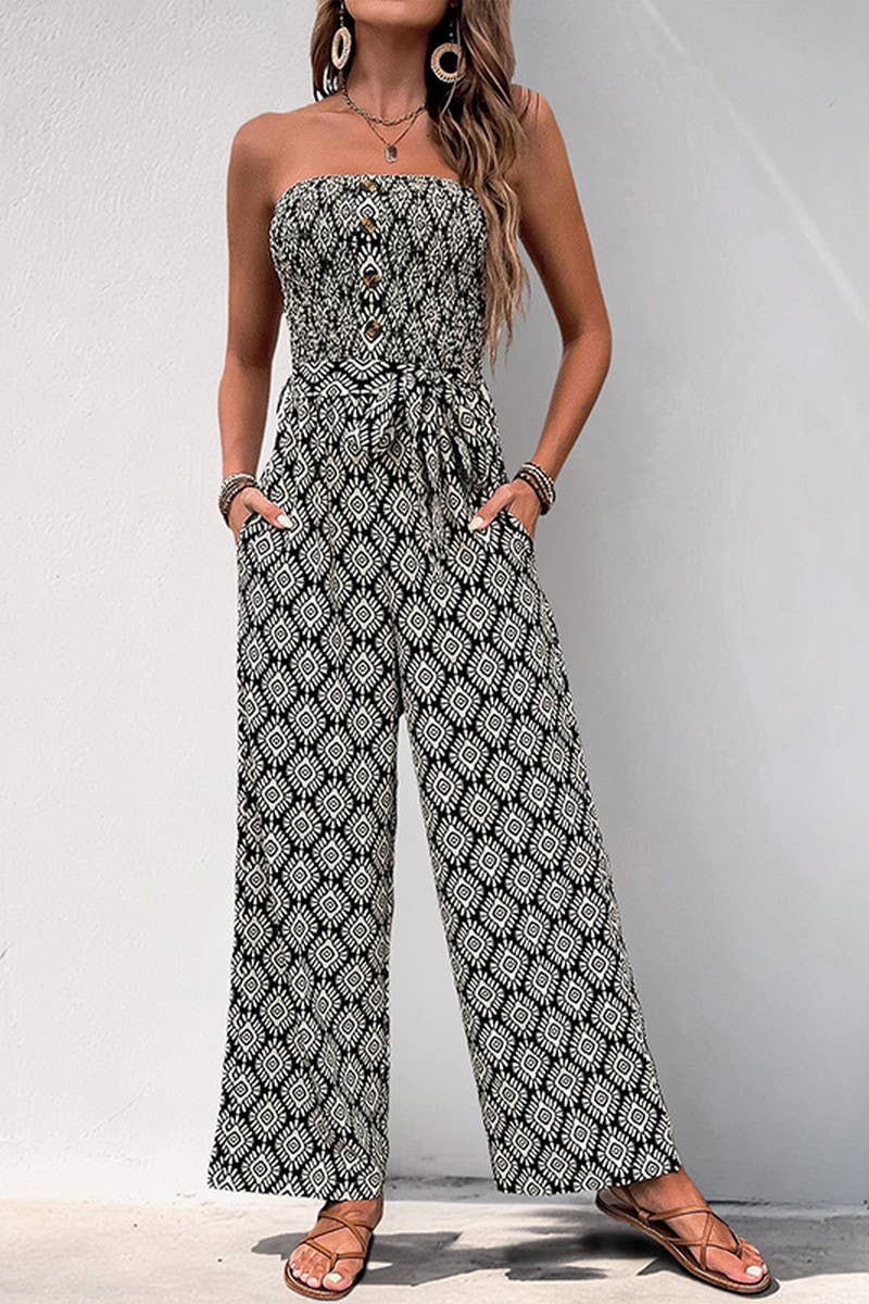 CWSJS1328_PRINTED LACE-UP BANDEAU JUMPSUIT