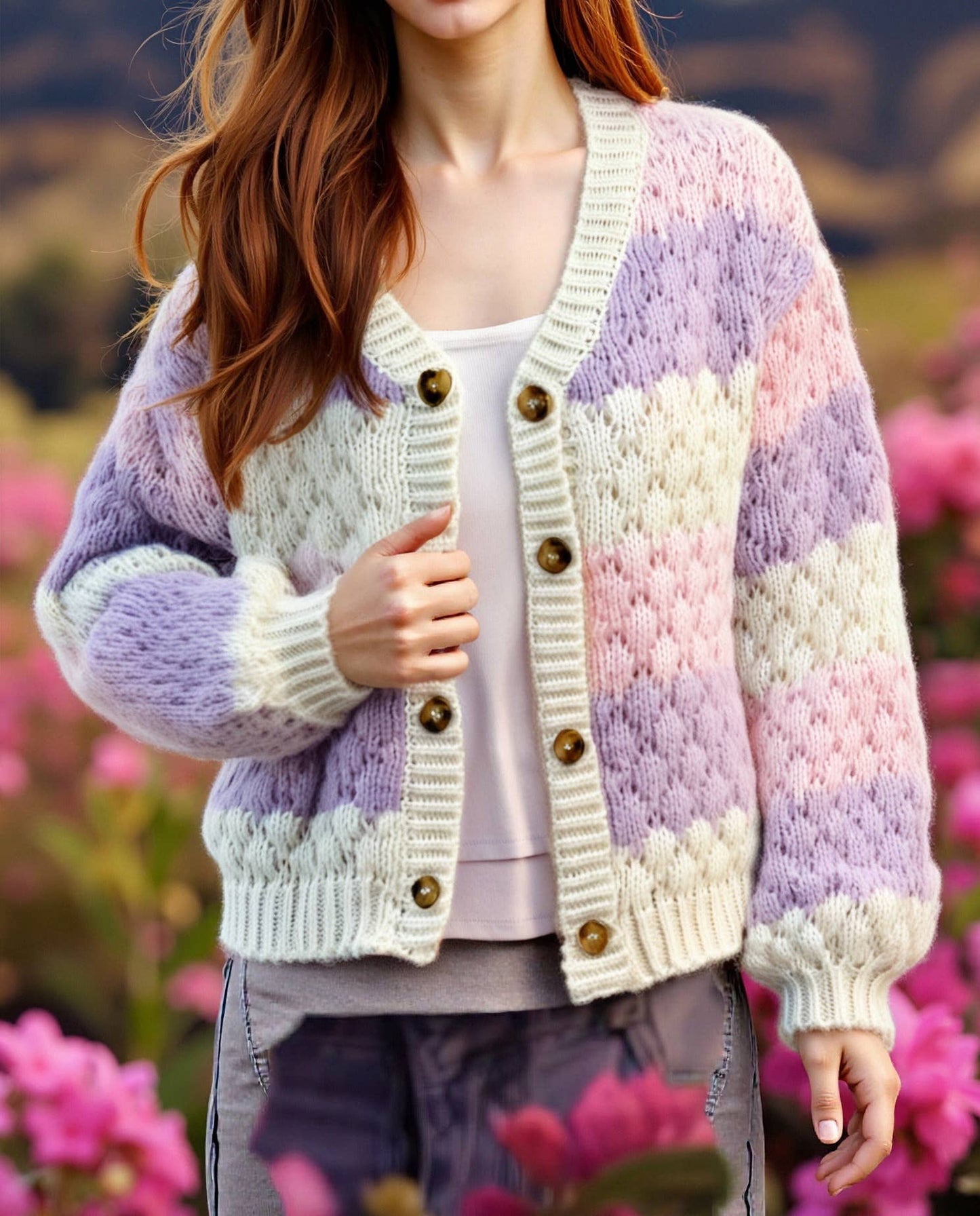Color-blocking long-sleeved knitted cardigan