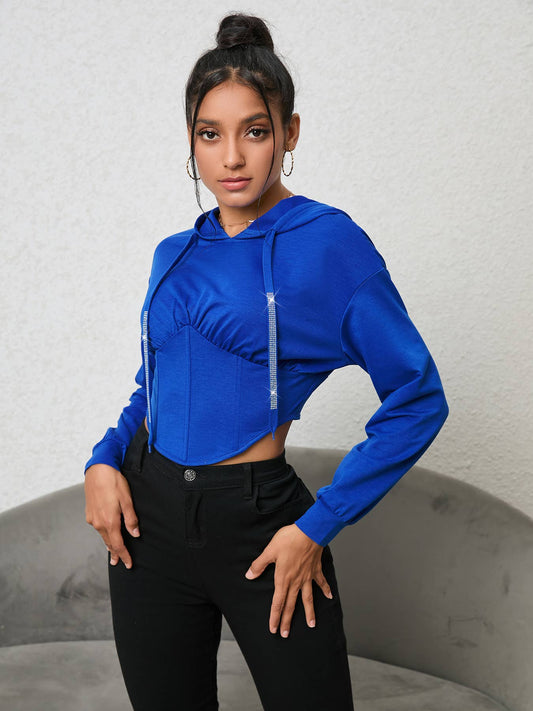 BACK DRAWSTRING STRAP SHORT SOLID COLOR HOODIE