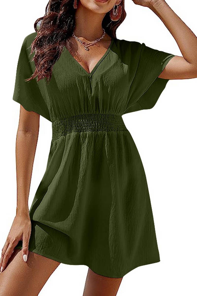 CWDSD3629_CASUAL V-NECK PLEATED SHORT DRESS