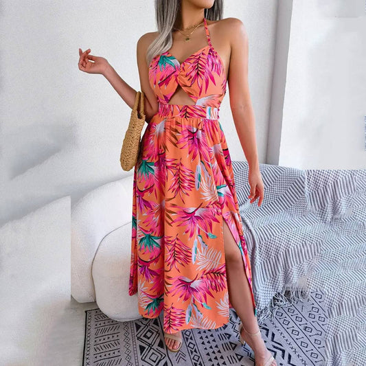 FLORAL SLEEVELESS HALTER DRESS_CWDMD1157