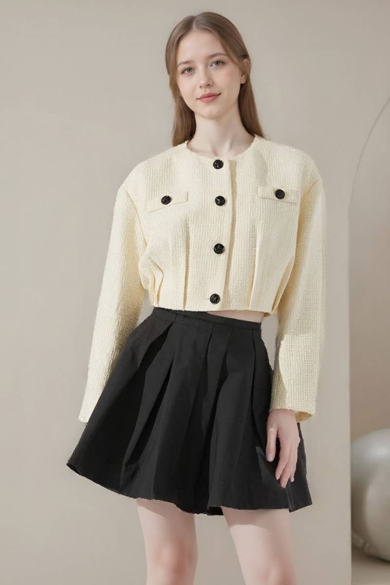 CWOCO1282_CREW NECK PLEATED HEM TWEED BOMBER JACKET