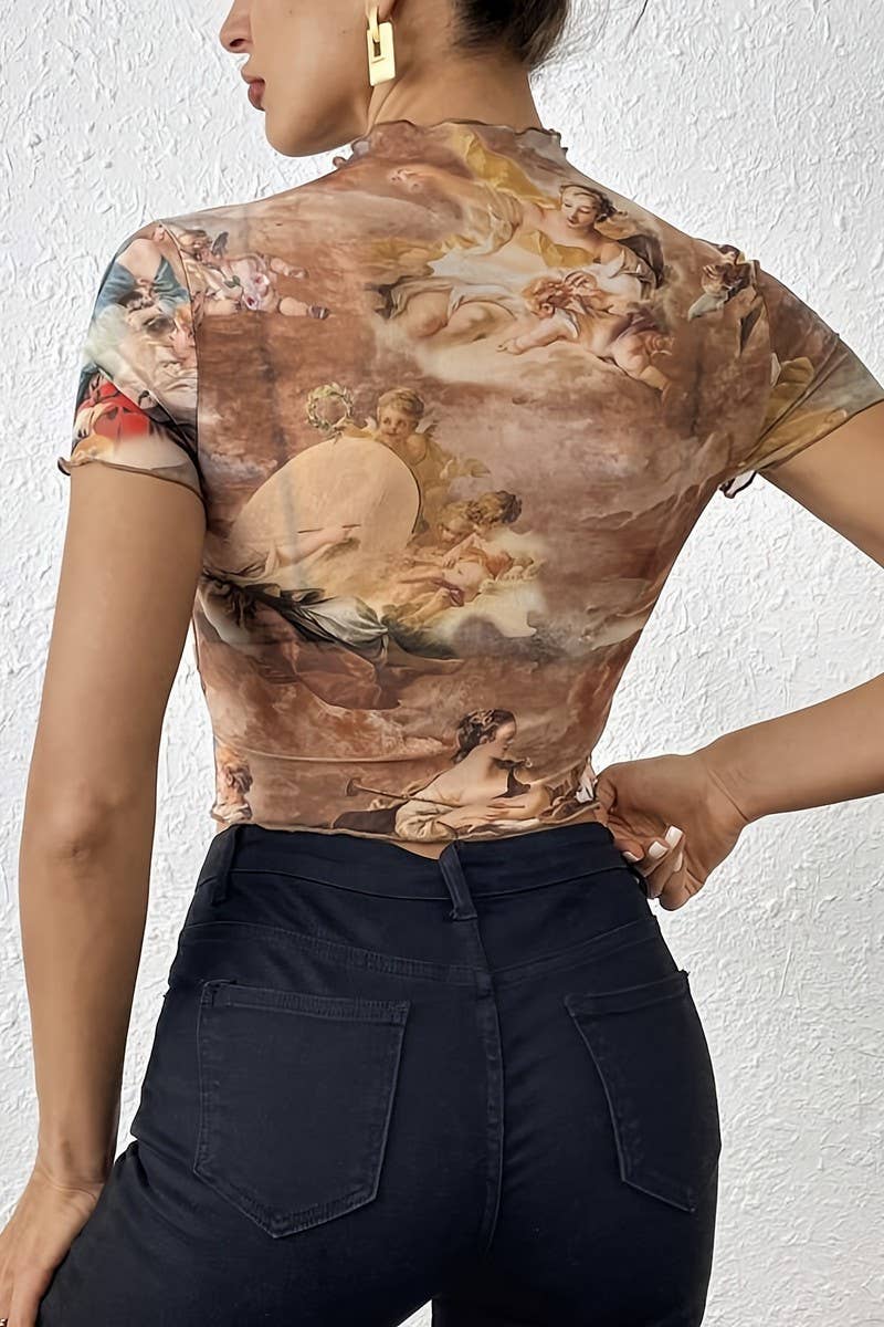 CWTBLS1534_MESH PRINTED RUFFLED SHORT SLEEVE T-SHIRT TOP