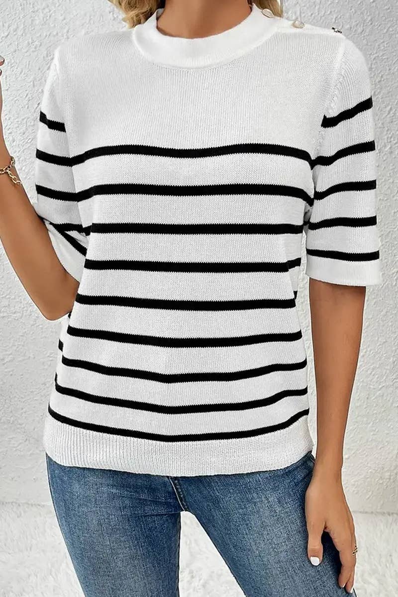 CWTTS1309_STRIPED FASHION ROUND NECK SHORT SLEEVE SWEATER