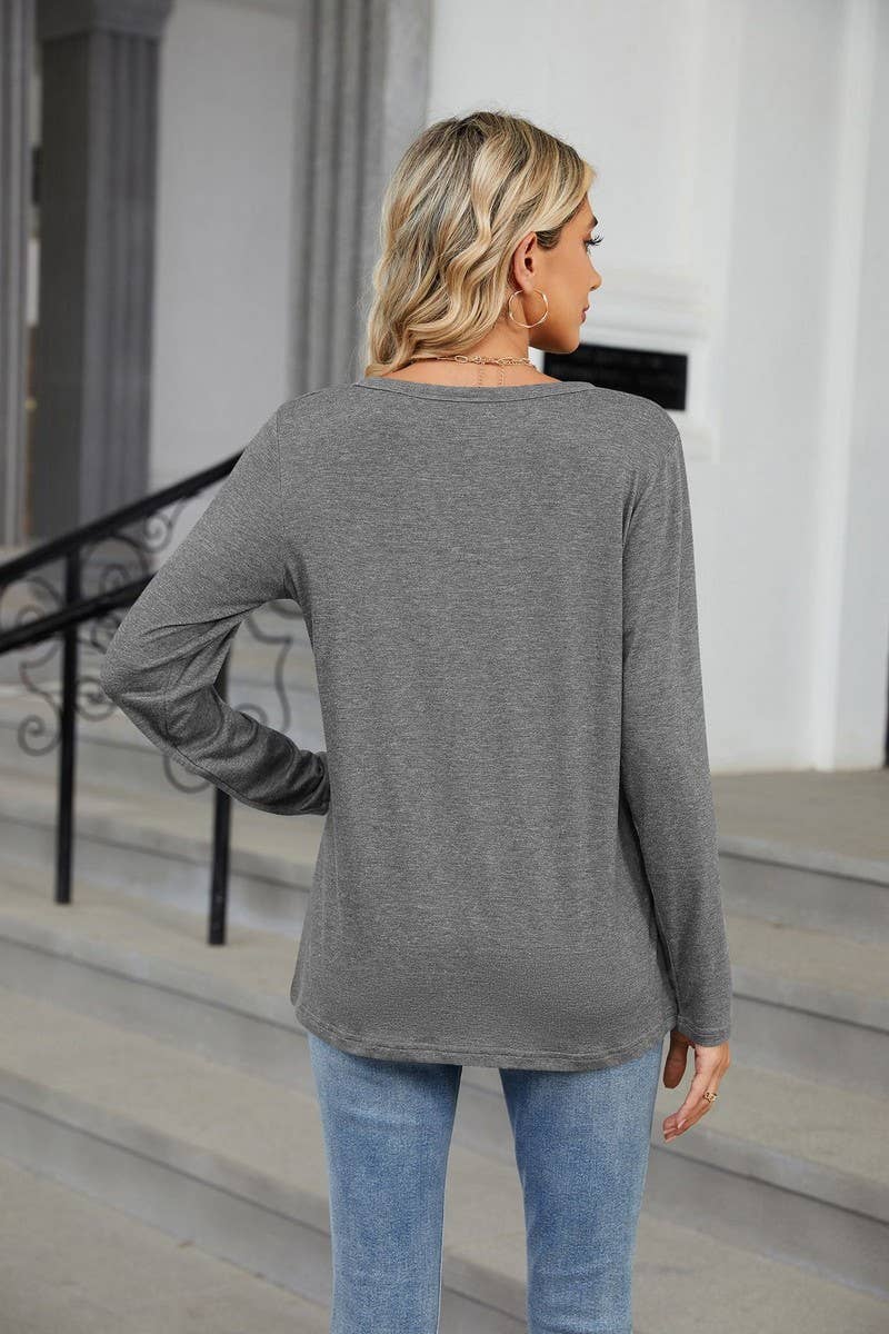 CWTBLL2369_V-NECK SOLID COLOR LOOSE LONG-SLEEVED T-SHIRT