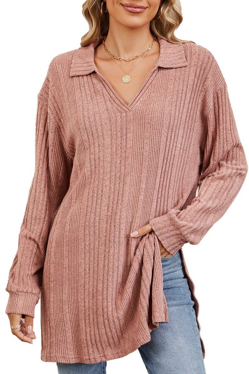 CWTBLL2351_SOLID COLOR V-NECK LONG SLEEVE SLIT T-SHIRT TOP