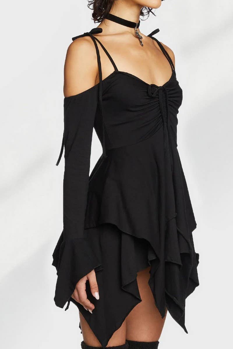 CWDSD7953_ELEGANT RUFFLED OFF-SHOULDER PATCHWORK MIDI DRESS