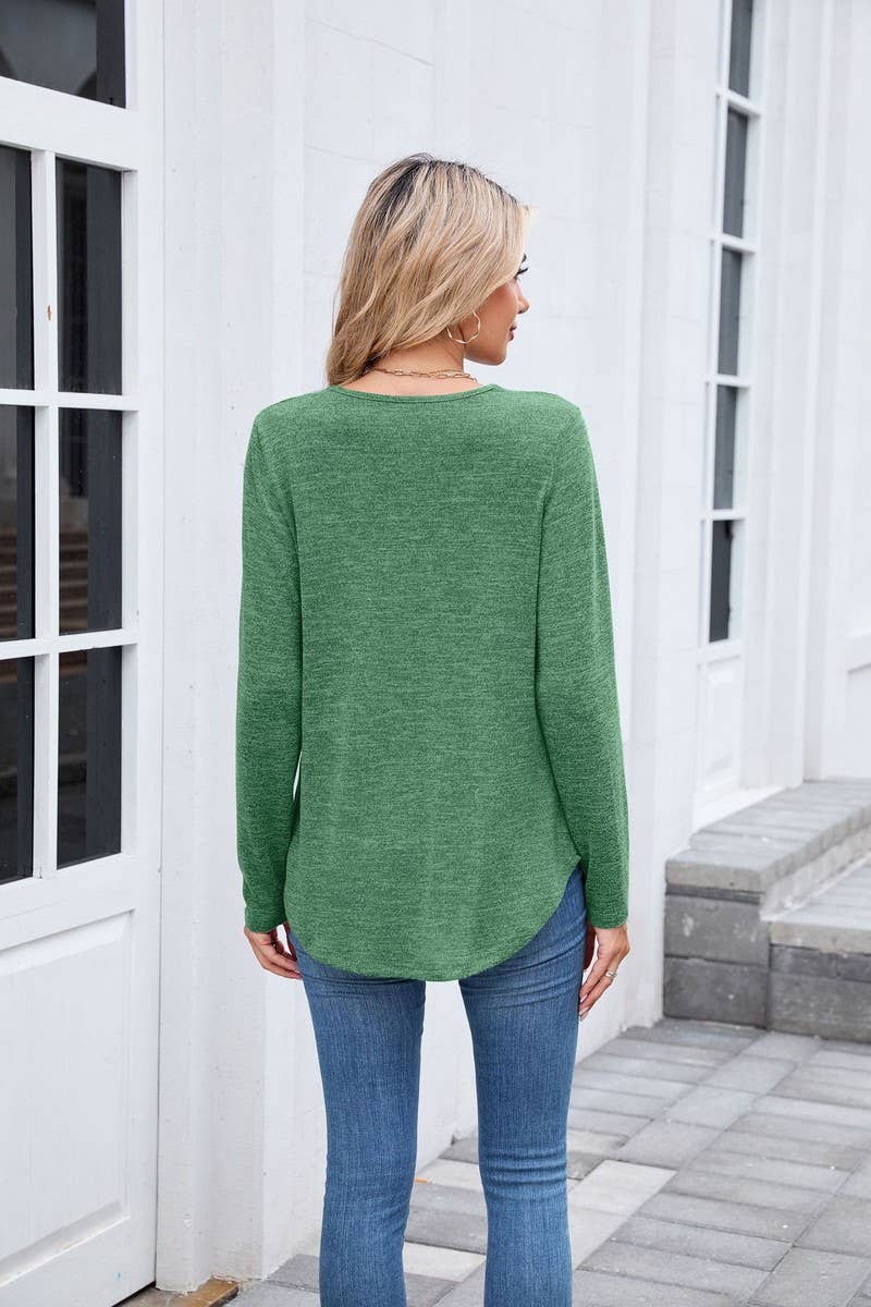 CWTBLL01303_V NECK RUCHED LONG SLEEVE CASUAL LOOSE TEE