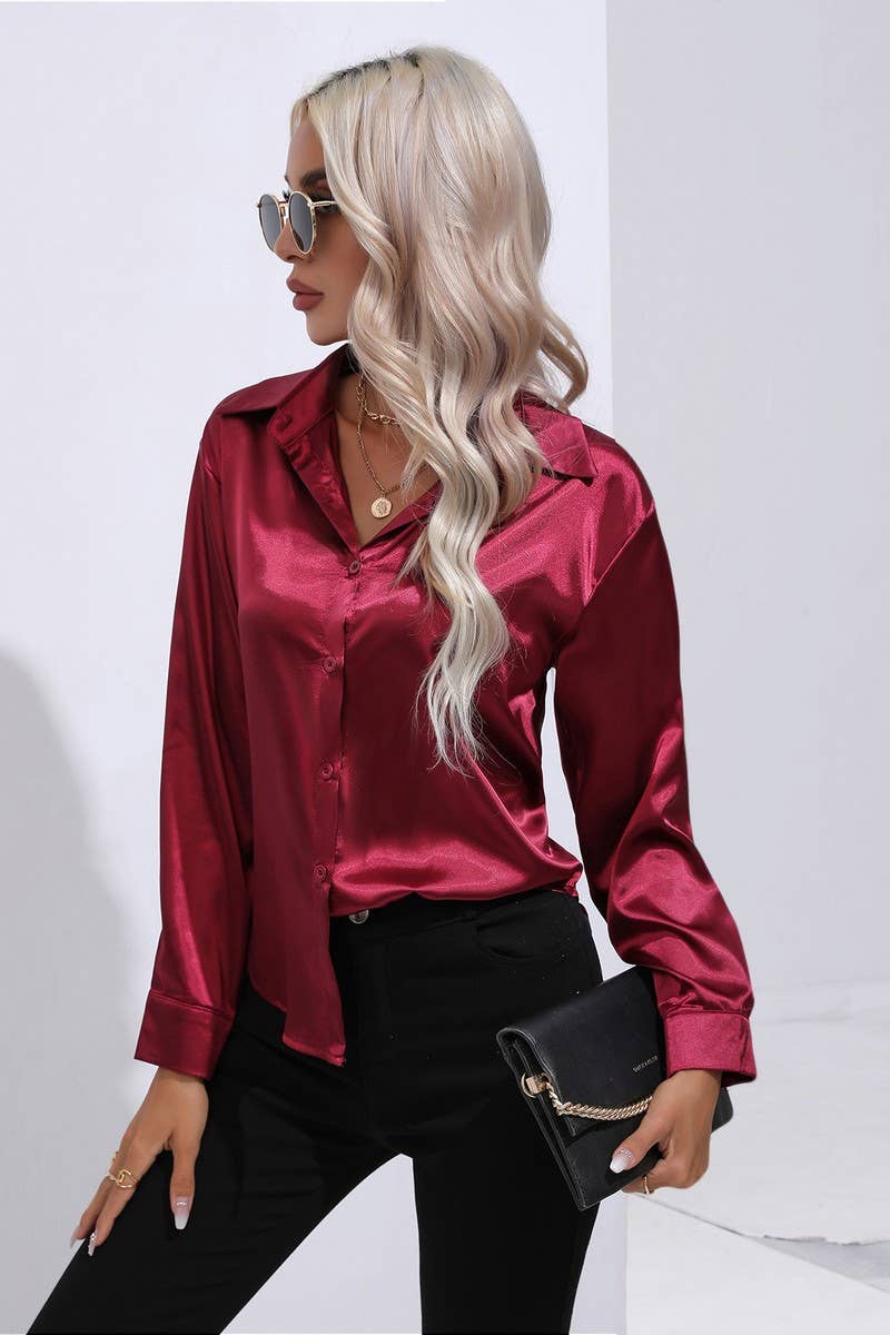 CWTBLL0690_Button Down Silky Satin Long Sleeve Top