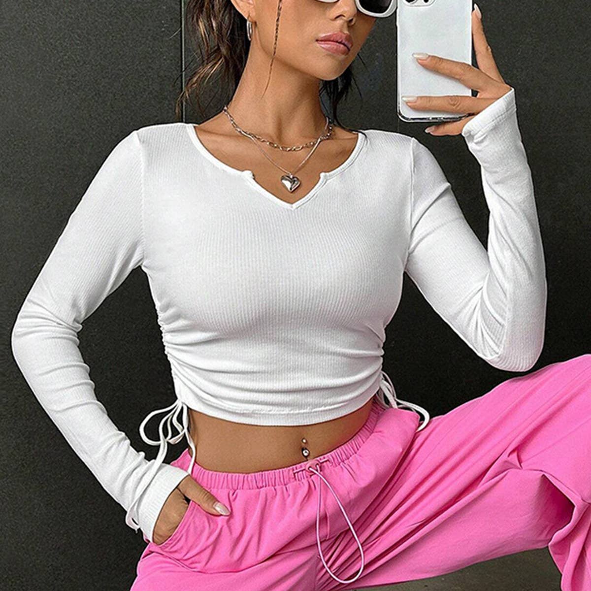 DRAWSTRING V-NECK LONG SLEEVE SHORT T-SHIRT
