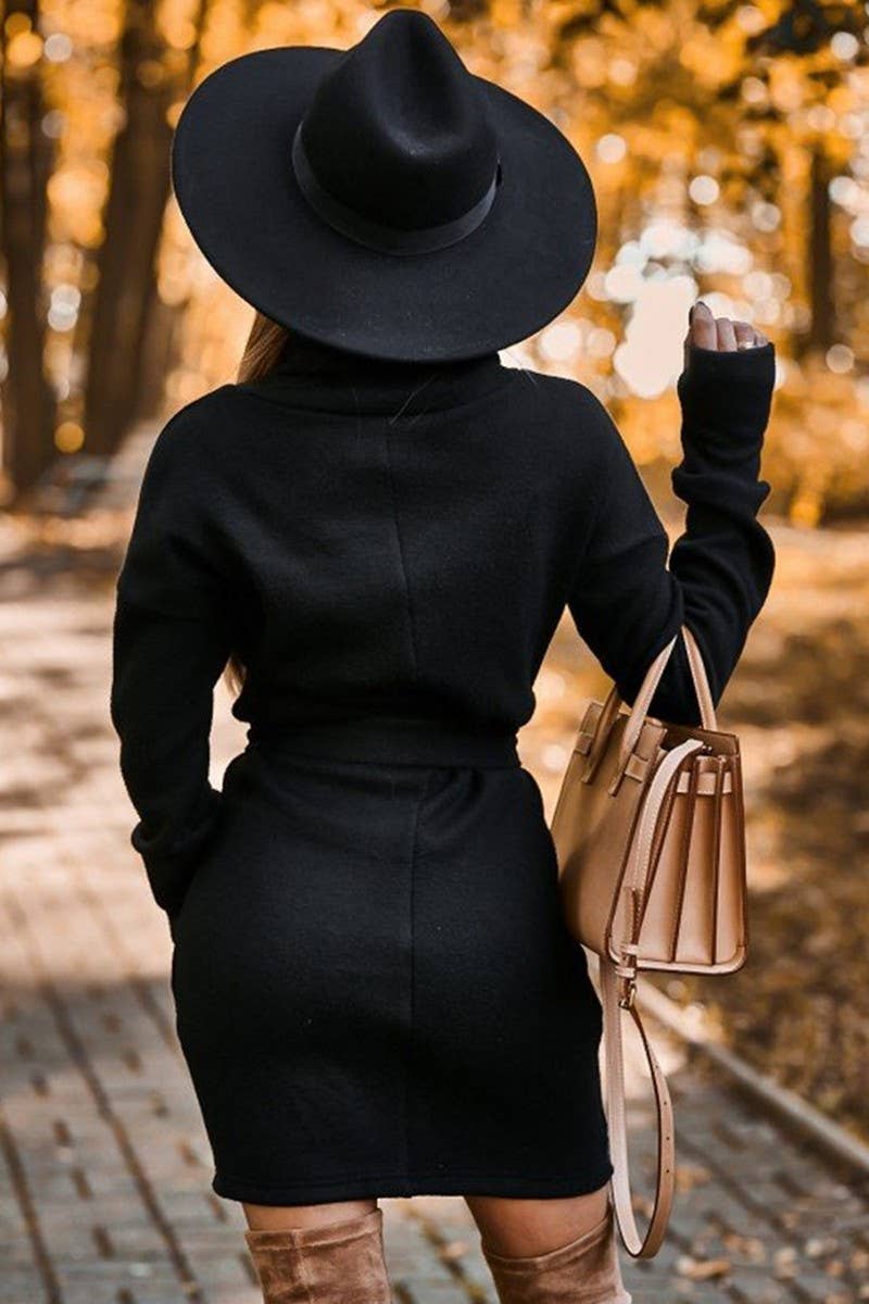 CWDSD10863_SOLID COLOR HIGH COLLAR WAIST KNITTED DRESS