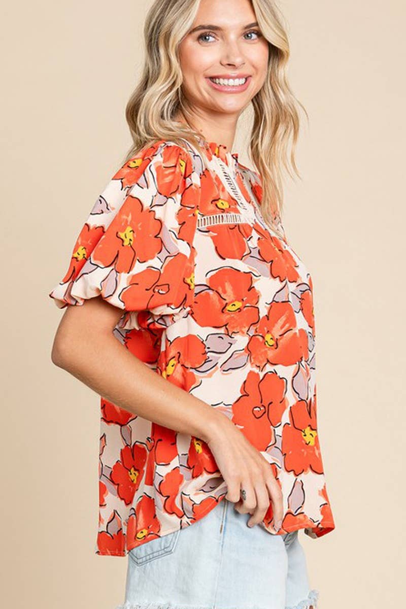 CWTBLS1376_ROUND NECK FLORAL PRINT SHORT-SLEEVED CASUAL TOP