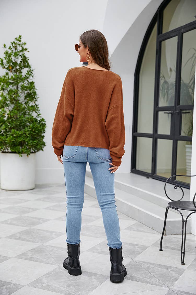 BAT-SLEEVED SOLID COLOR V-NECK SWEATER