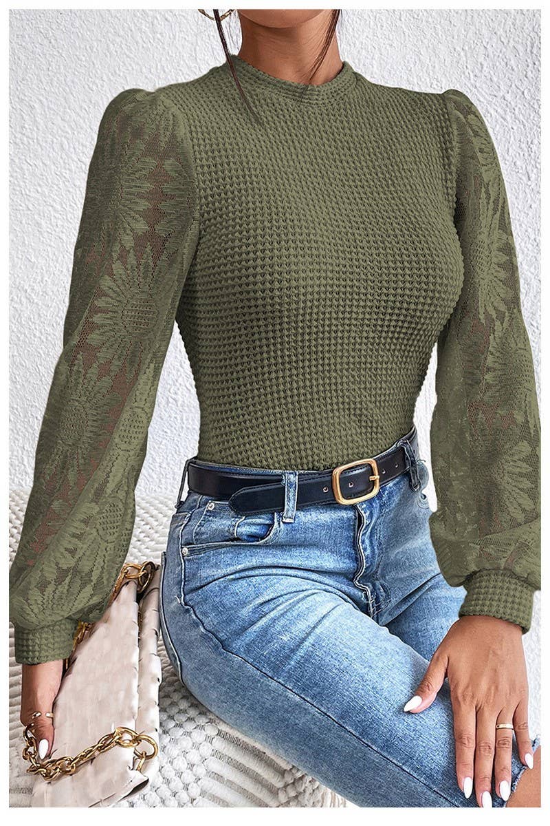 CWTBLL3977_CREW NECK LACE SLEEVE HOLLOW OUT PULLOVER TOP