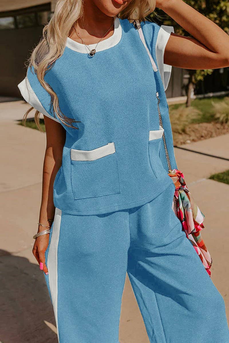 CWSTB1794_COLOR BLOCK ROUND NECK LOOSE FIT TWO-PIECE SET