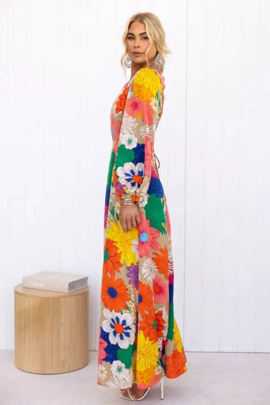 CWDMD4035_FASHION FLOWER LANTERN SLEEVE DRESS LONG