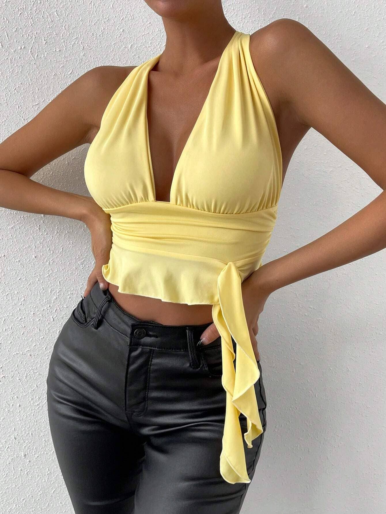 DEEP V WAIST SLIMMING DESIGN HALTER TOP