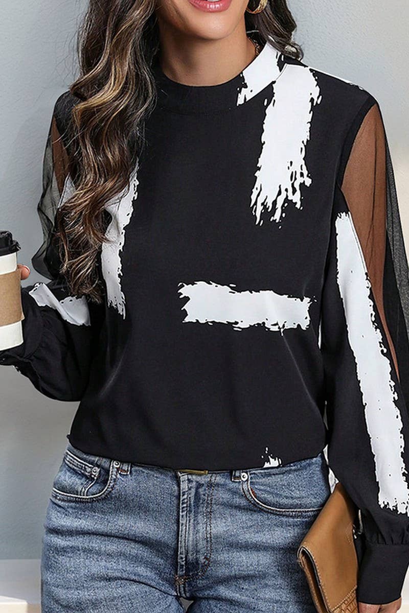 CWTTL1969_LACE STITCHING STAND COLLAR ELEGANT COMMUTER SHIRT