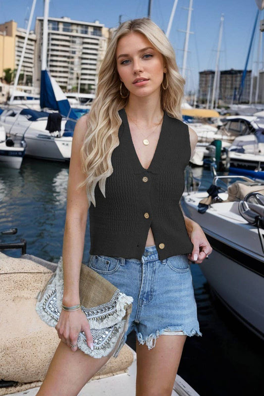 CWOSWSL0148_SOLID COLOR V-NECK CAMISOLE KNITTED BUTTON VEST